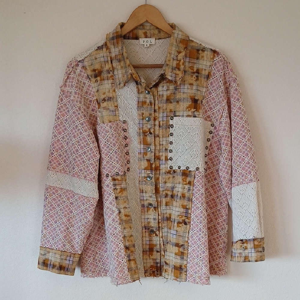 Pol Flannel Crochet Patchwork Button Up Oversized… - image 1